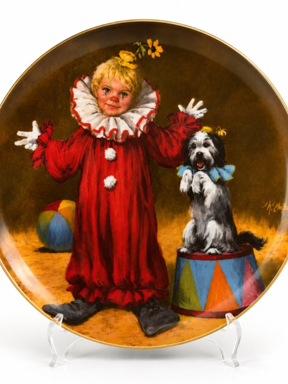 Vintage Clown & Dog Collector's Plate - Gold Rim Wall Decor